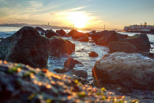 Foto profissional grátis de água, pedras, pôr do sol