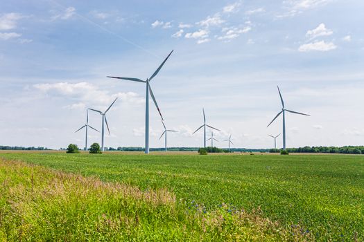 Scenic view of wind turbines in a green grass field under a clear sky, showcasing renewable energy.