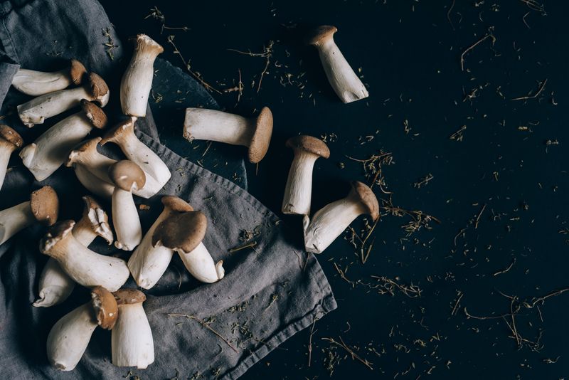 A top shot of fresh king oyster mushrooms on a dark background, displaying their texture.
