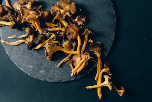 Aesthetic flatlay of raw chanterelle mushrooms on a dark slate plate, showcasing texture and natural beauty.