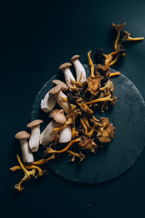 Free White and Brown Mushrooms on Black Round Plate Stock Photo