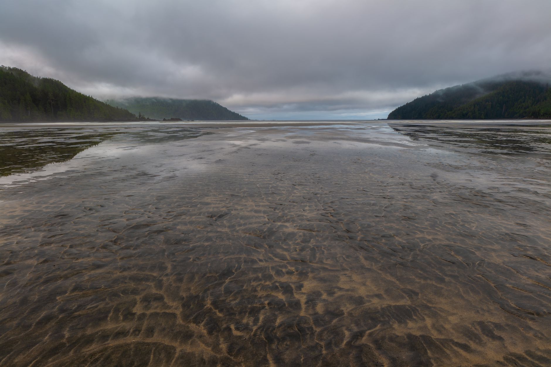 Calm waters and lush green hills at San Josef Bay, BC, Canada during evening.