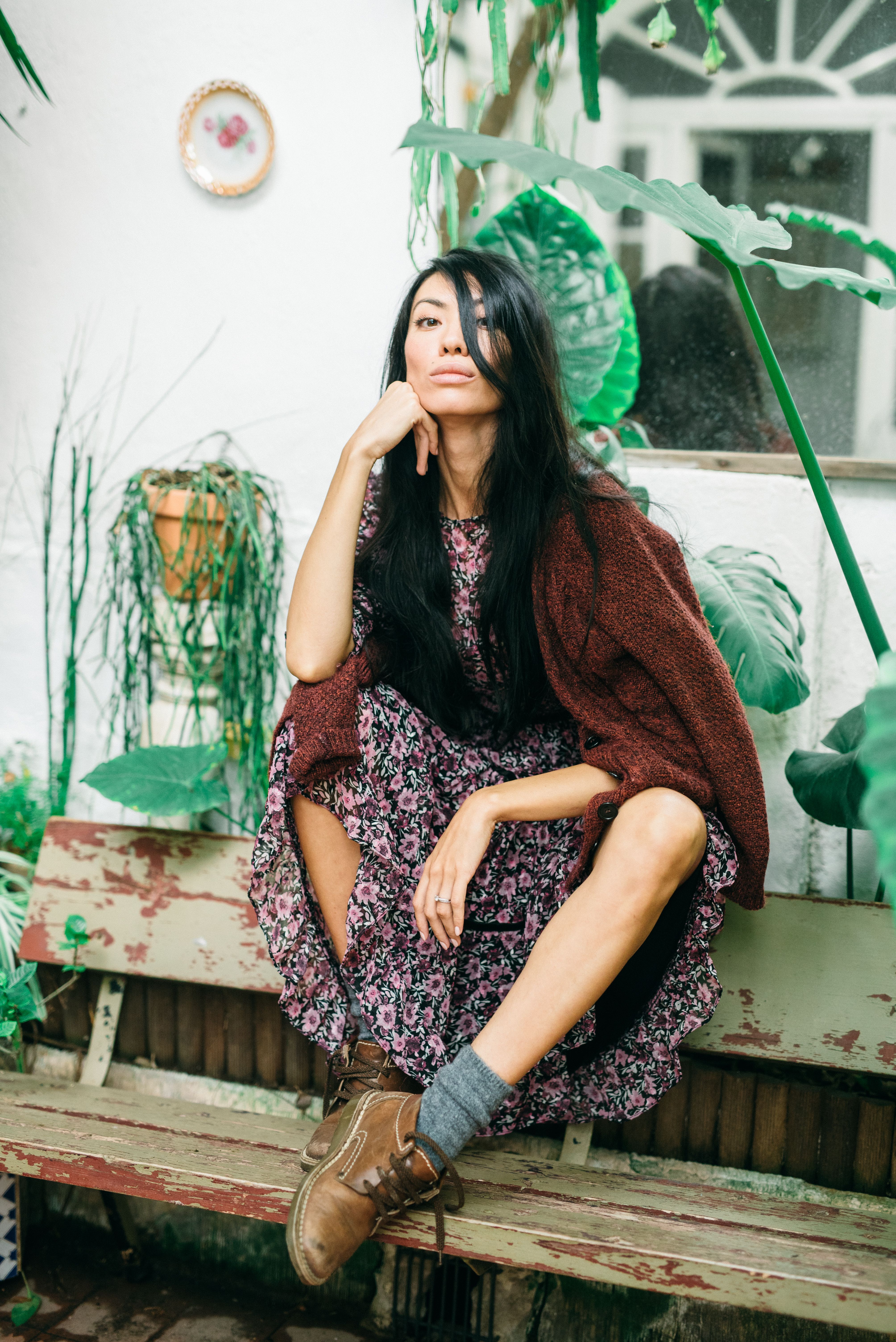 Brown cardigan with dark floral tea dress