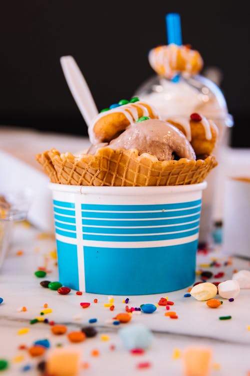 Free Ice Cream and Waffle in Paper Cup Stock Photo