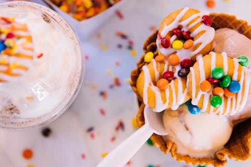 Free Ice Cream With Doughnuts on Top Stock Photo
