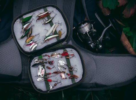Top view of a well-organized fishing kit featuring colorful lures and a fishing reel.
