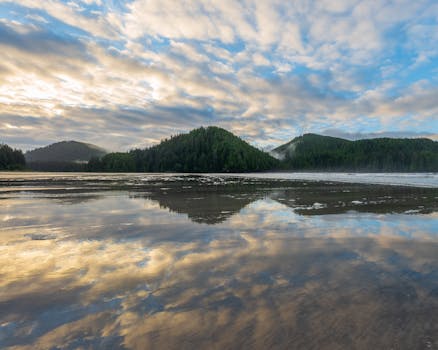 Capture of tranquil reflections and lush hills at San Josef Bay, BC.