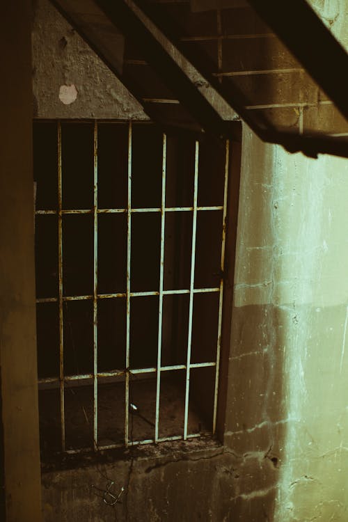 Exterior of old building with brick wall and rustic metal grating in daylight