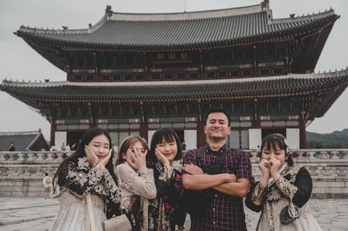 People posing in front Gyeongbokgung Palace