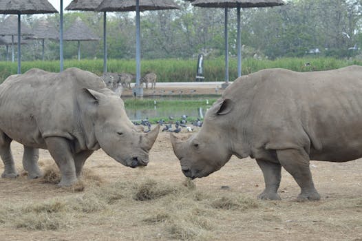 Two rhinoceroses grazing on hay at a zoo in Bangkok, Thailand