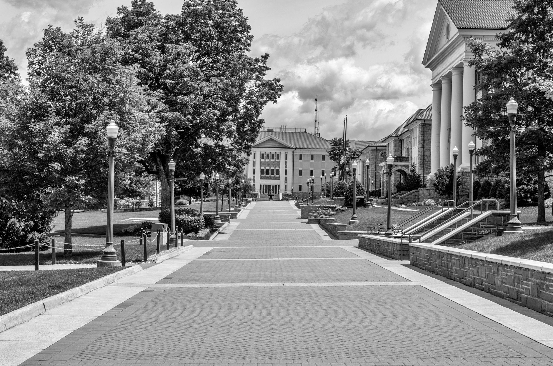 Black and white view of a picturesque brick walkway in Harrisonburg, Virginia.