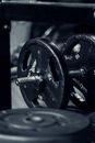 Iron adjustable dumbbell with heavy metal disks and grips placed on floor in gym