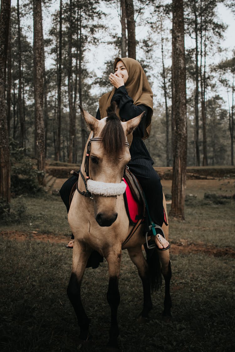 Cheerful Muslim Woman Riding Pony In Forest