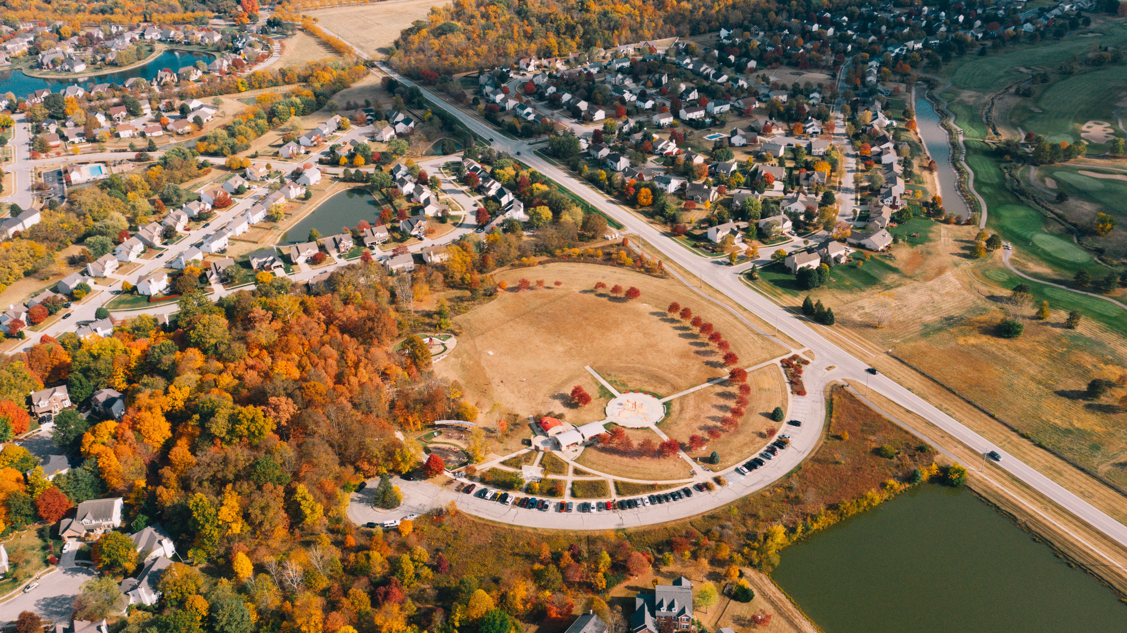 Carmel: Aerial view of Coxhall Gardens in Carmel in autumn