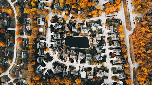 Housing complex near roads and colorful trees in fall