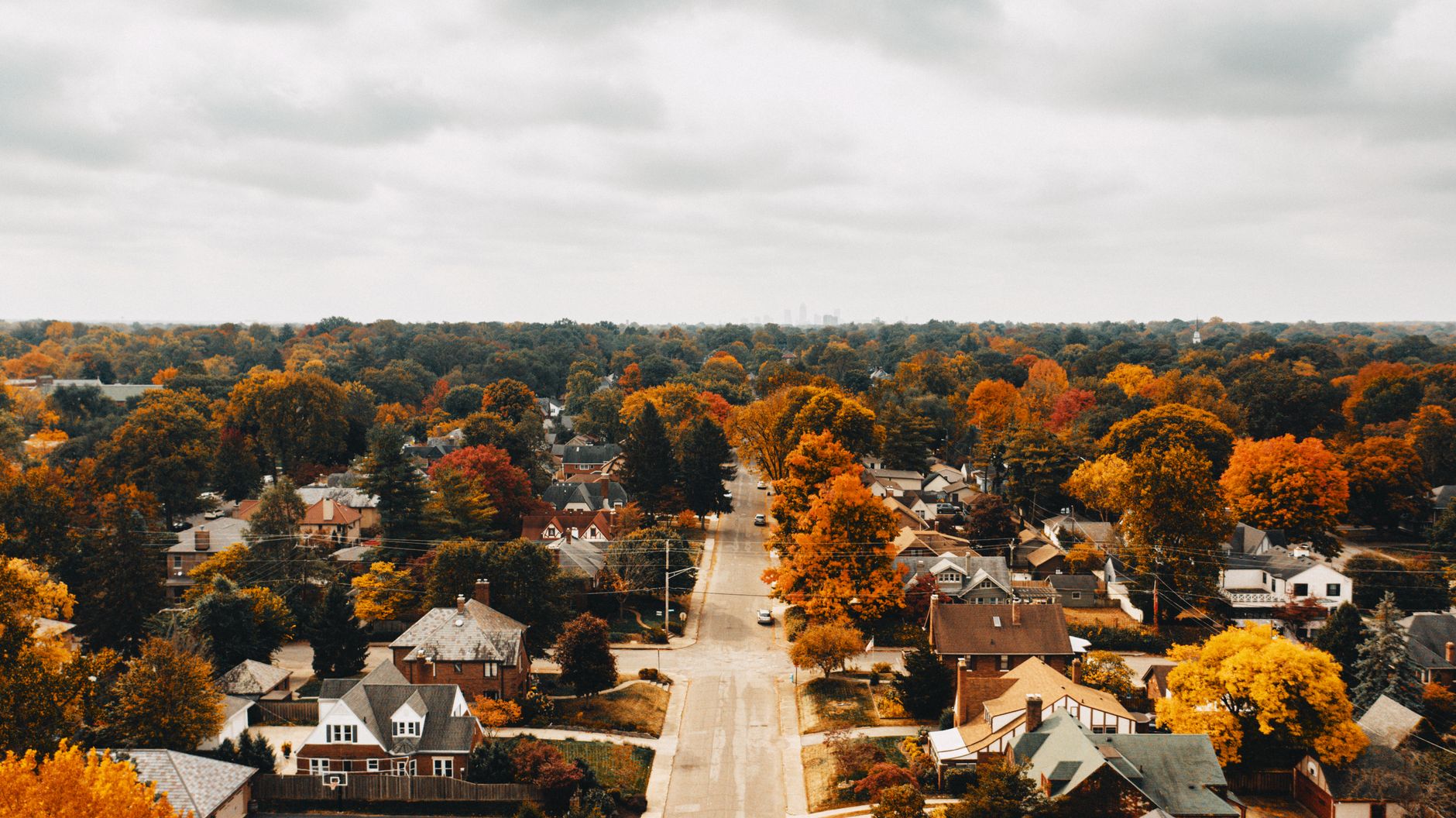 Drone view of straight roadway between colorful lush trees and residential buildings under cloudy sky in suburb