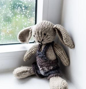 Knitted bunny toy by a rainy window — photo by Manula Waidyanatha on Pexels