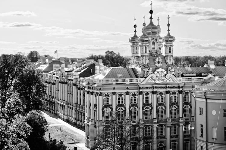 Grayscale Photo Of Catherine Palace