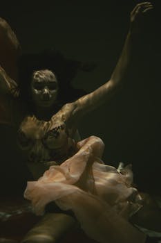 A graceful underwater photo capturing a woman with flowing fabric, evoking an ethereal and dreamlike quality.