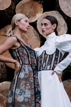 Two fashionable women posing elegantly against a backdrop of stacked logs.