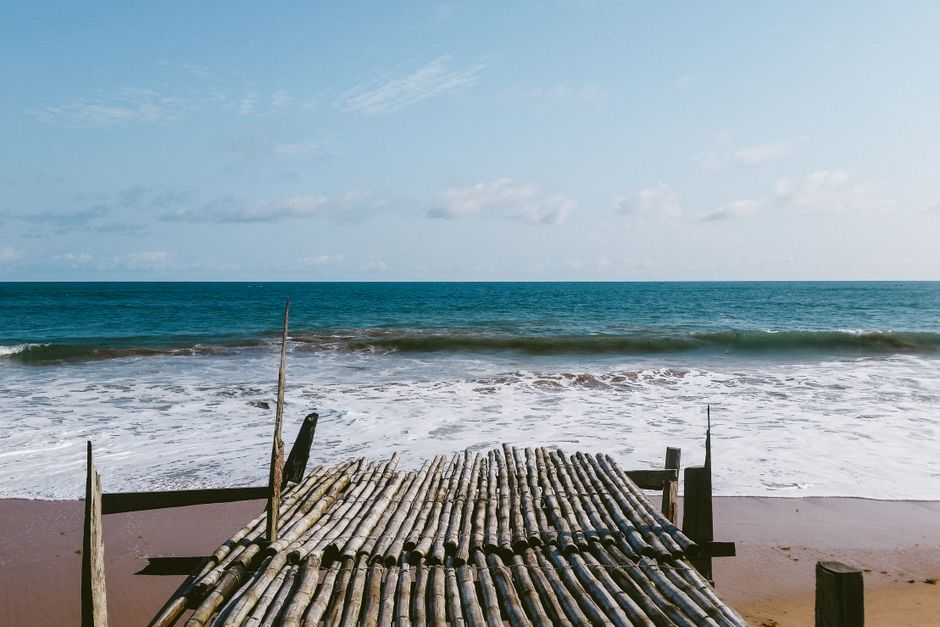 A serene view of a bamboo pier leading to a calm ocean on a clear day.