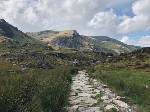 Campo De Hierba Verde Cerca De La Montaña Bajo Nubes Blancas