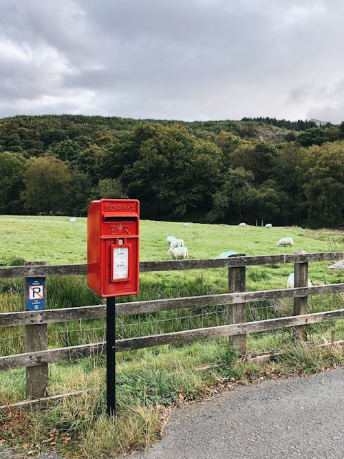 棕色木柵欄上的紅色郵箱