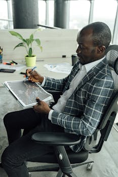 一名非裔美国男子在现代办公环境中专注于审查商业文件