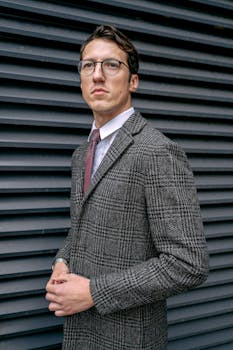 A confident man stands in casual business attire against a lined backdrop, exuding professionalism.