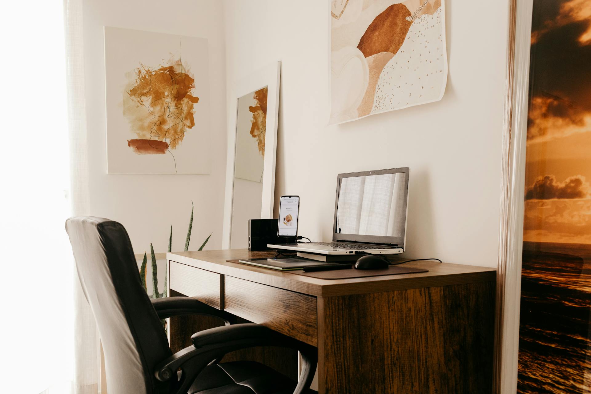 Modern workplace in light room