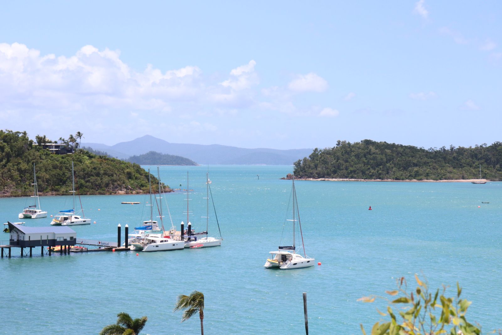 Whitsundays harbour with sailing catamarans on turquoise water