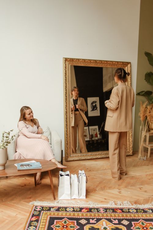 Free A woman in a suit views her reflection in a mirror, observed by another on a couch in a chic home setting. Stock Photo