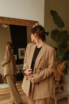 Elegant woman in brown suit stands before a mirror in a cozy, stylish indoor setting.