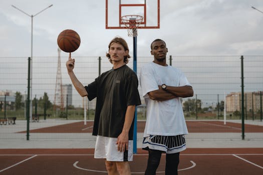 Two athletic men pose confidently on an outdoors basketball court, showcasing their vibrant sportsmanship.