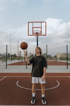 A young man expertly balances a basketball with scenic outdoor court background.