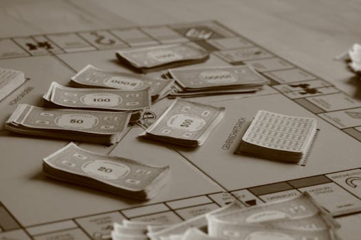 Close-up of board game with play money in sepia tone, focusing on strategic play.