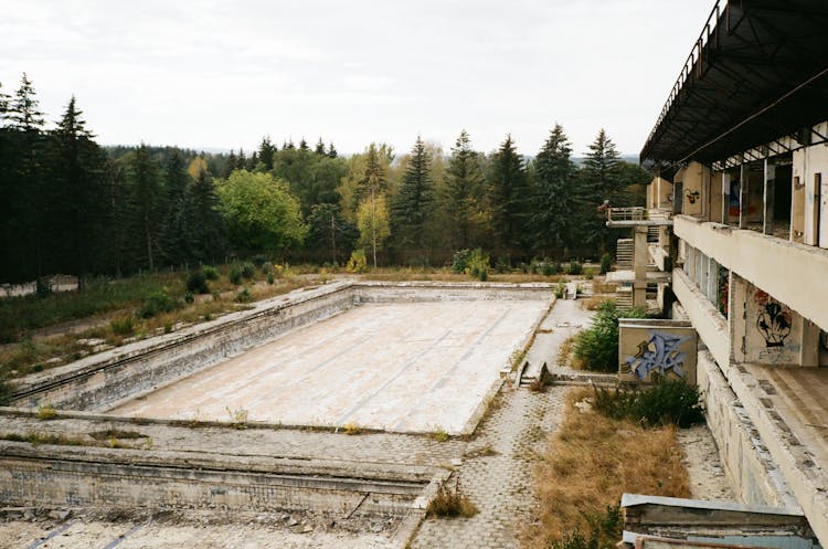 Forest Around Abandoned Building With Swimming Pool