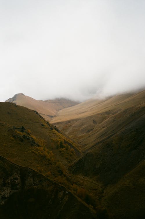 Spectacular view of high ridges with grass under white sky in mist in daylight