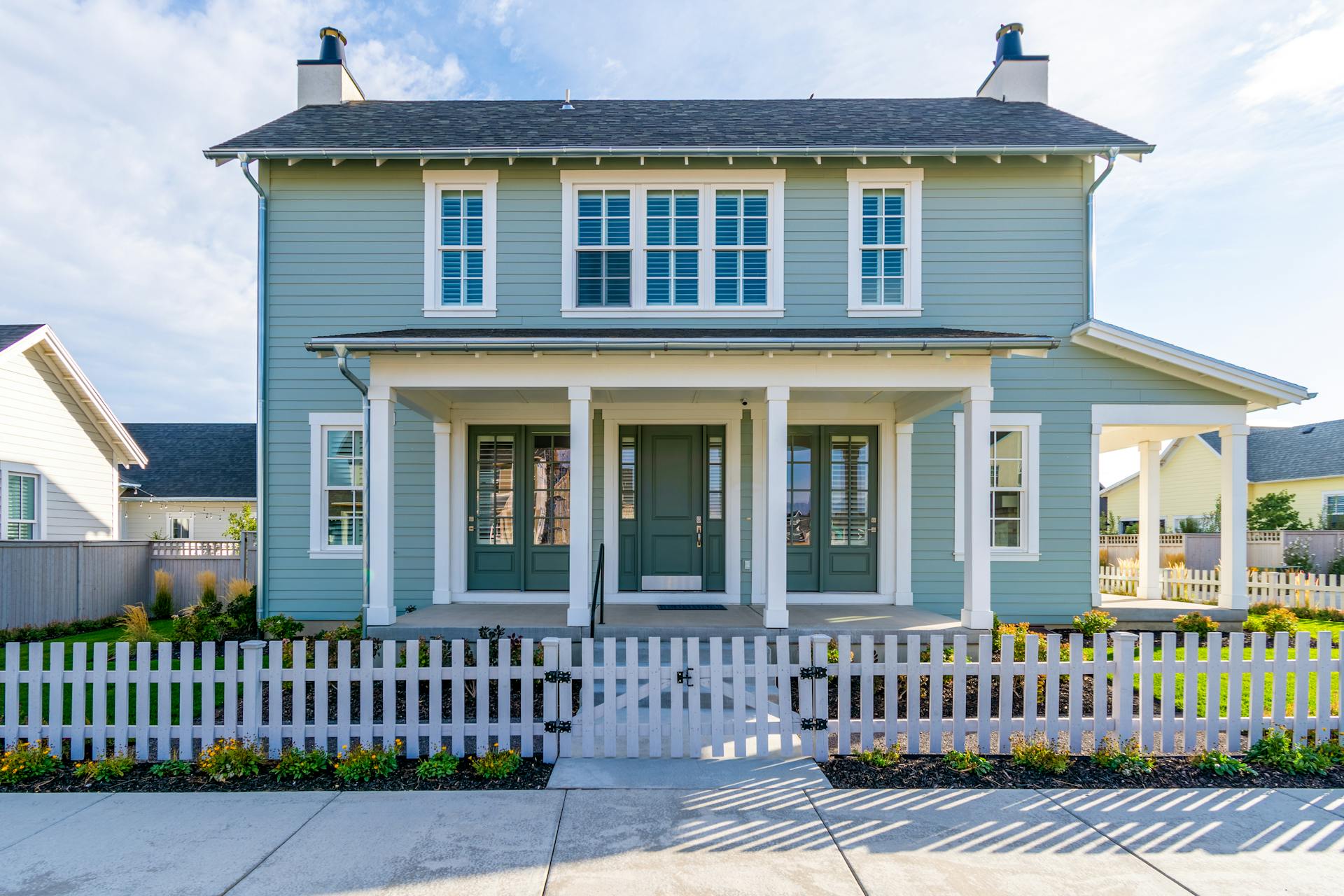 A modern suburban house with a charming white picket fence in a quiet residential neighborhood.