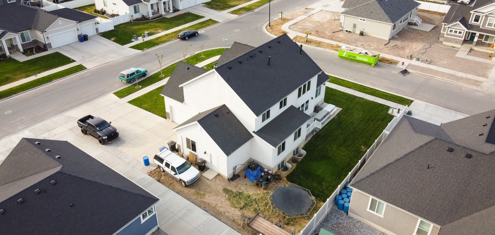 Aerial view of a suburban neighborhood's rooftops