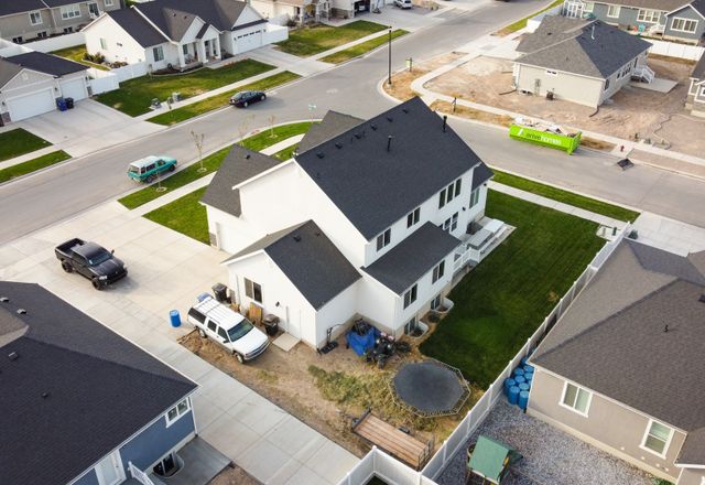 Aerial view of a suburban neighborhood's rooftops