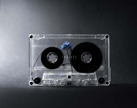 A vintage cassette tape with a blue flower against a dark, minimalist background.