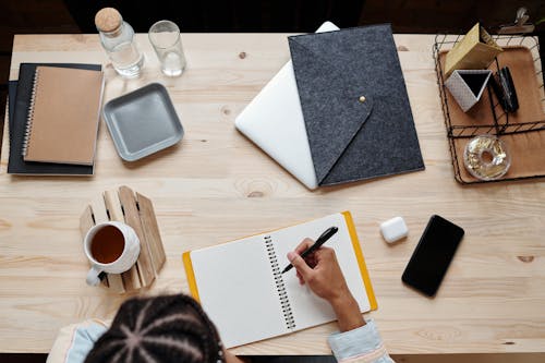 Persoon Schrijven Op Wit Papier Naast Zwarte Smartphone En Witte Keramische Mok Op Bruin Houten Tafel