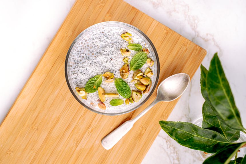 Chia seed pudding bowl topped with pistachios — photo by AI25.Studio on Pexels