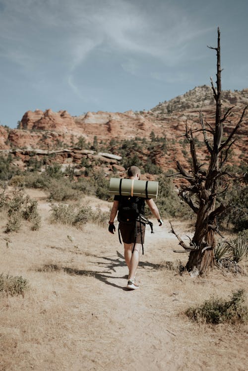 Free Man backpacker walking in mountainous terrain Stock Photo