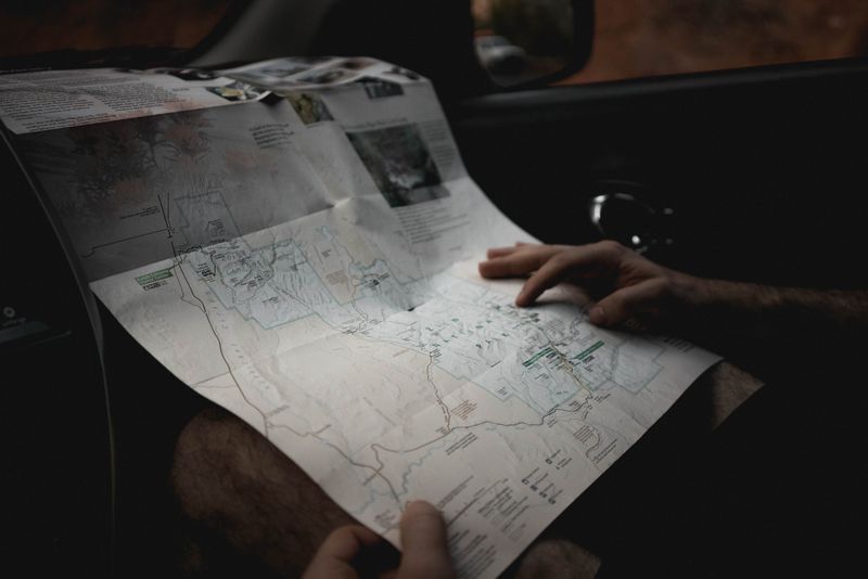 Turist care consultă o hartă de hârtie în mașină în timpul unui road trip