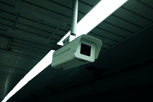 Close-up of an indoor ceiling-mounted security camera for surveillance applications.