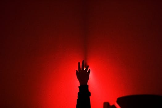 一只手的轮廓伸向一盏发光的红灯，营造出戏剧性的场景