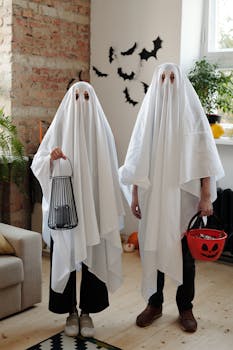 一对夫妇穿着幽灵服装，在室内装饰品旁庆祝万圣节