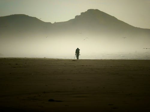Traveler walking on sandy coast in foggy day
